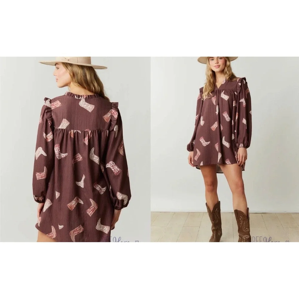 Fantastic Fawn Brown Cowboy Boot Print Babydoll Dress Western Rodeo Boho L